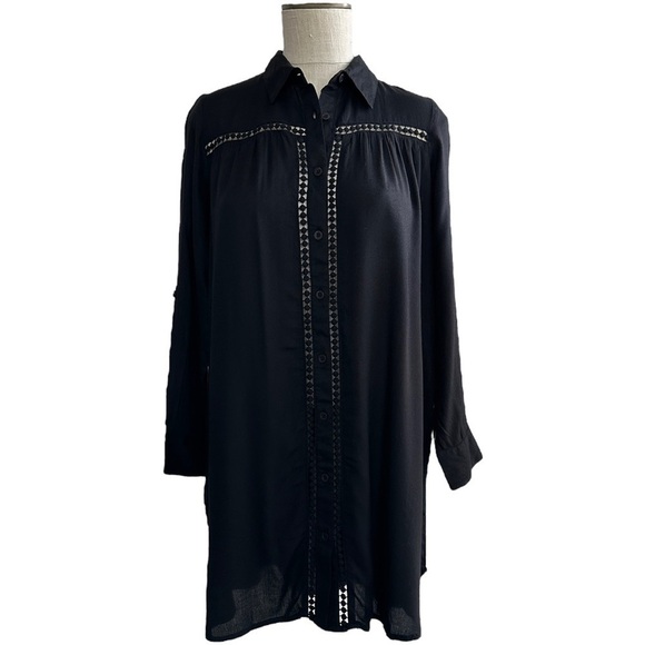 Tommy Bahama Lace Shirred Boyfriend Shirt Black Relaxed Fit Button Up XS - Picture 2 of 10